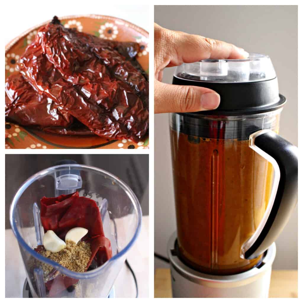 A collage showing how to make the birria sauce.