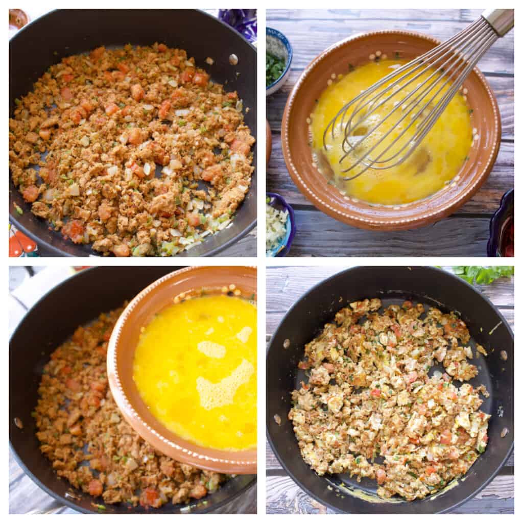 A collage showing when to add the eggs to the skillet.