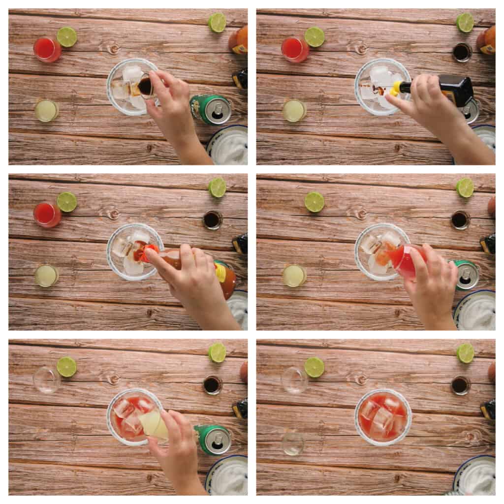 A collage showing how to assemble a traditional michelada mix.