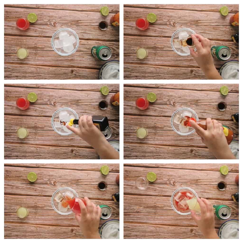 A collage showing how to prepare a michelada.