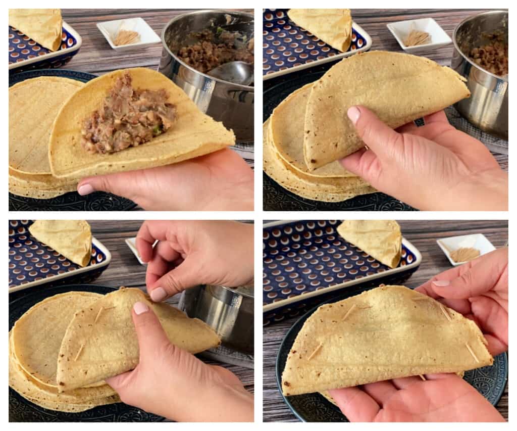 A collage showing how to assemble the tacos dorados.