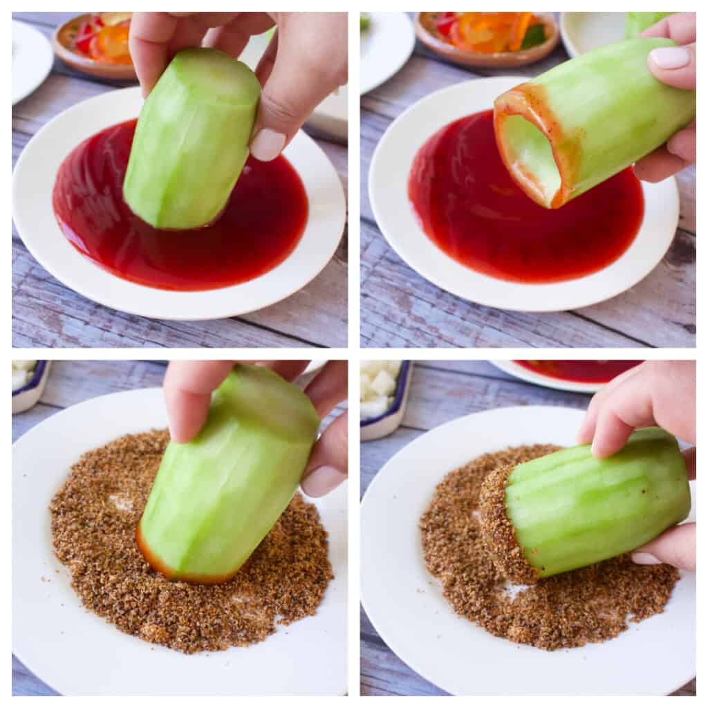 A collage showing how to make the chamoy rims with Tajin.