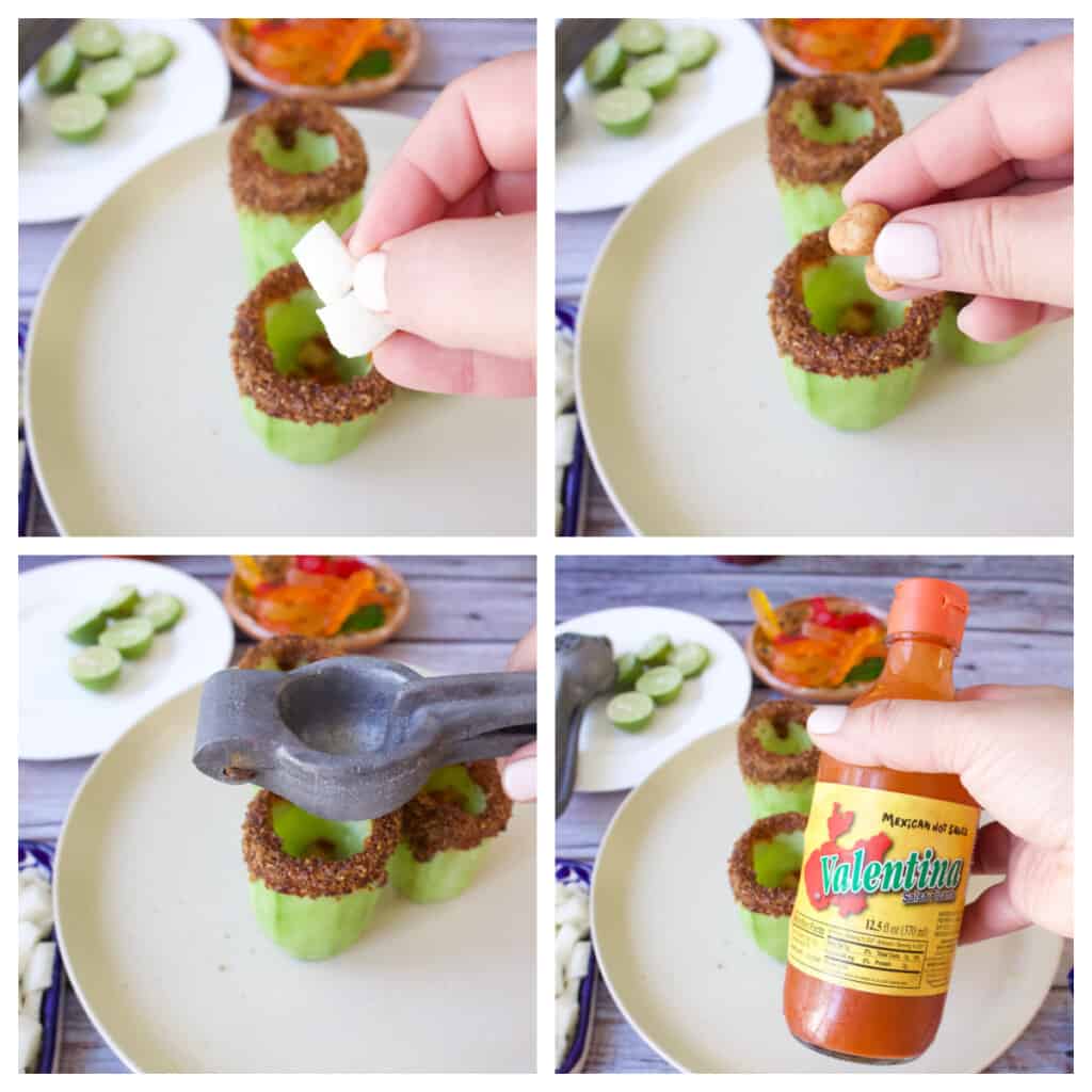 A collage showing how to fill the cucumber cups.