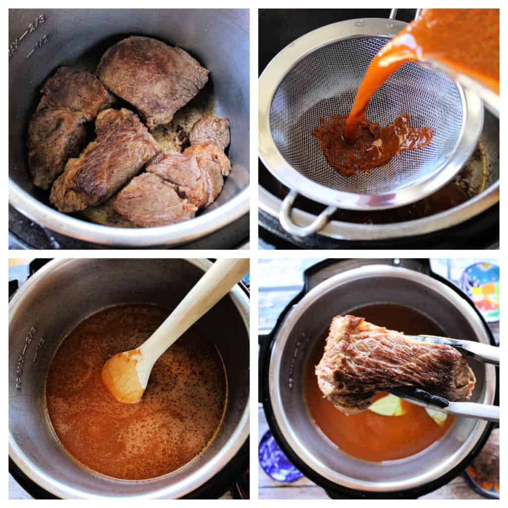 A collage showing how to cook the beef and the sauce in the instant pot.