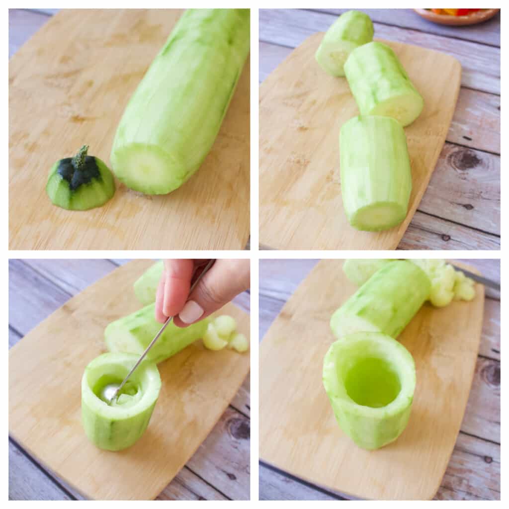 A collage showing how to make cucumber cups.