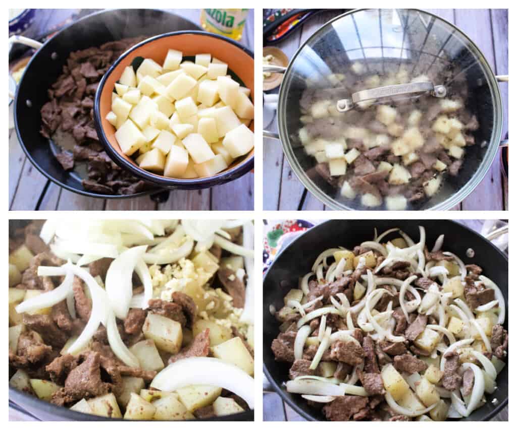 A collage showing when to add the potatoes and onions to the pot.