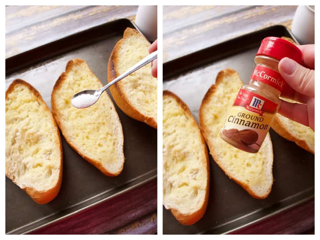 A collage showing how to add the cinnamon and sugar to the bread.