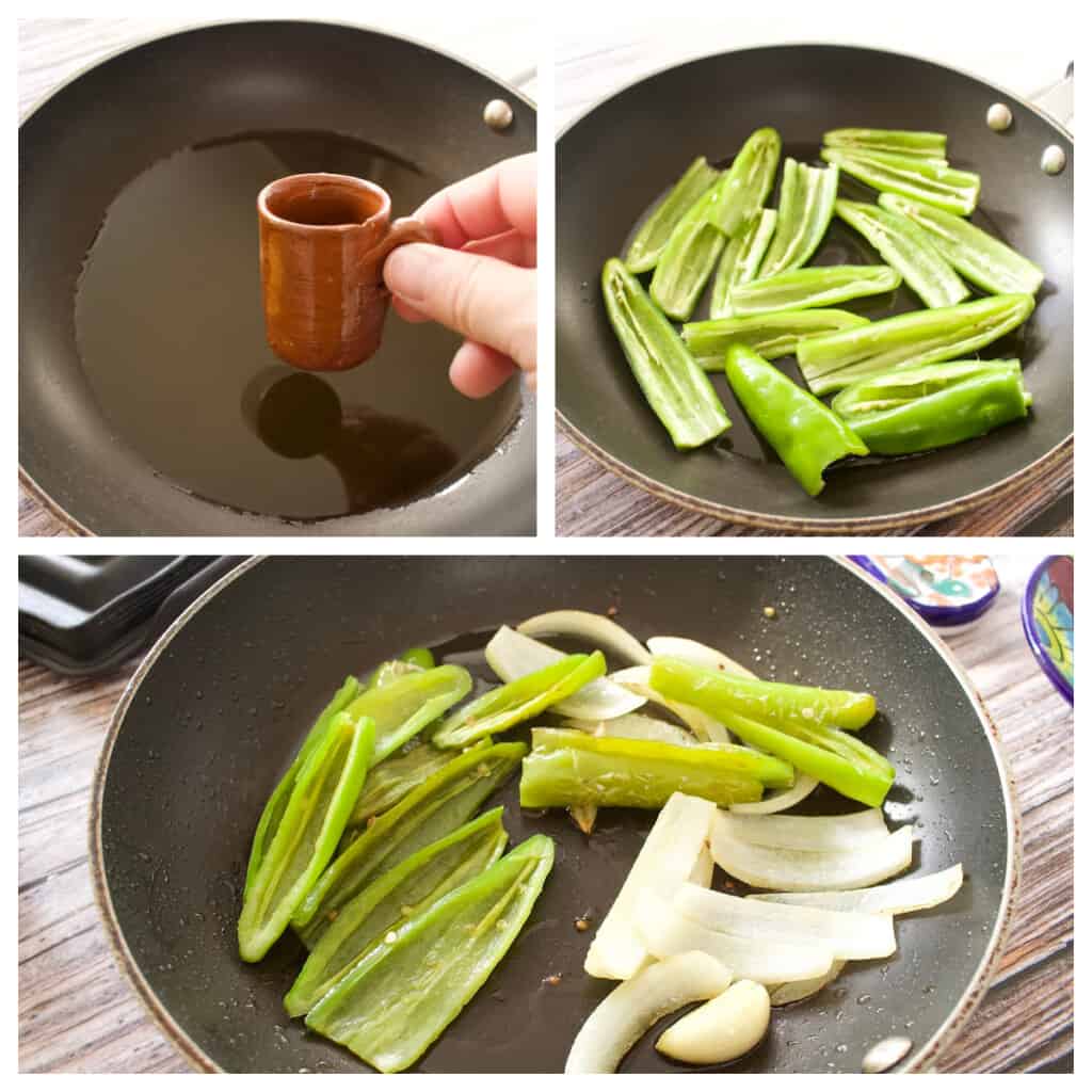 A collage showing serrano peppers cooking in a skillet.