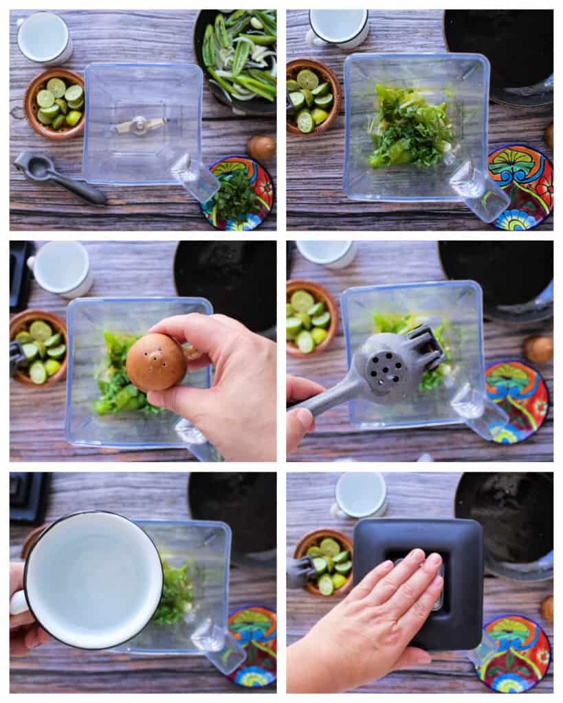 A collage showing how to make the serrano salsa in a blender.