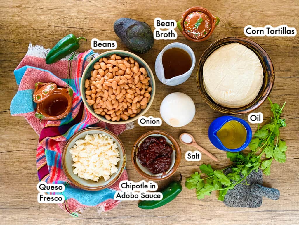 The ingredients needed to make enfrijoladas labeled and on a wooden surface.