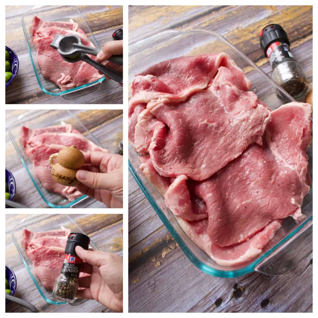 A collage showing how to marinate the beef.
