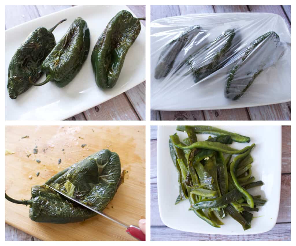 A collage showing how to roast poblano peppers.