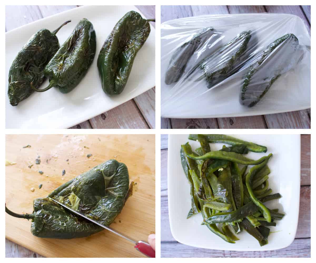 A collage showing how to roast poblano peppers, remove the skin, and slice.