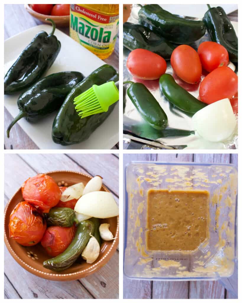 A collage showing how to roast the ingredients for the sauce.
