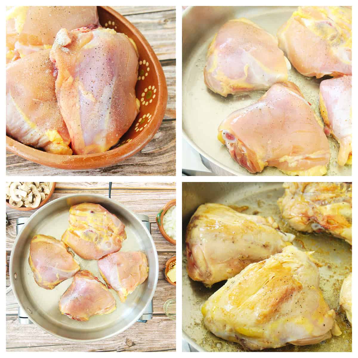 A collage showing how to cook chicken thighs.