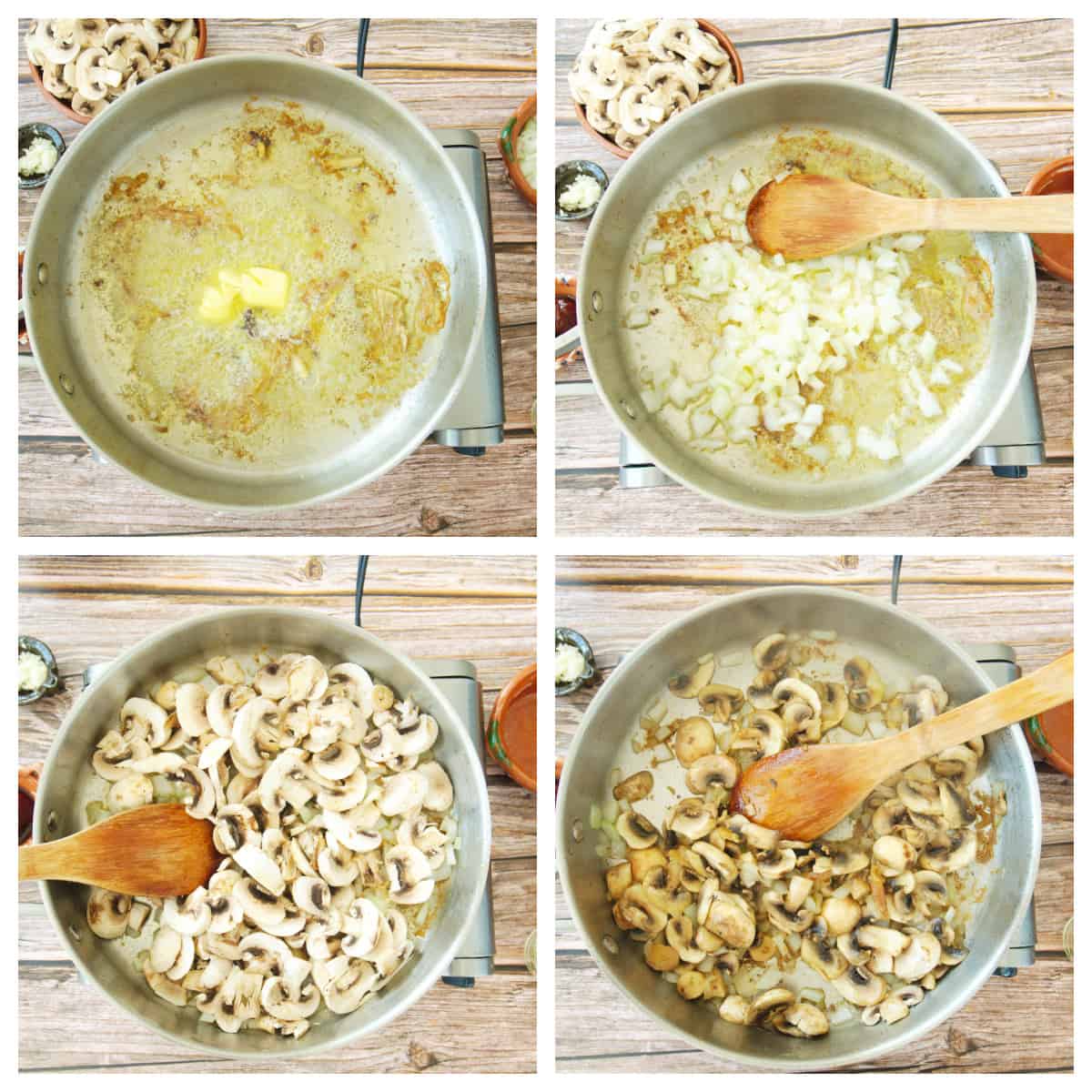 A collage showing how to cook the onion and mushrooms in a skillet.