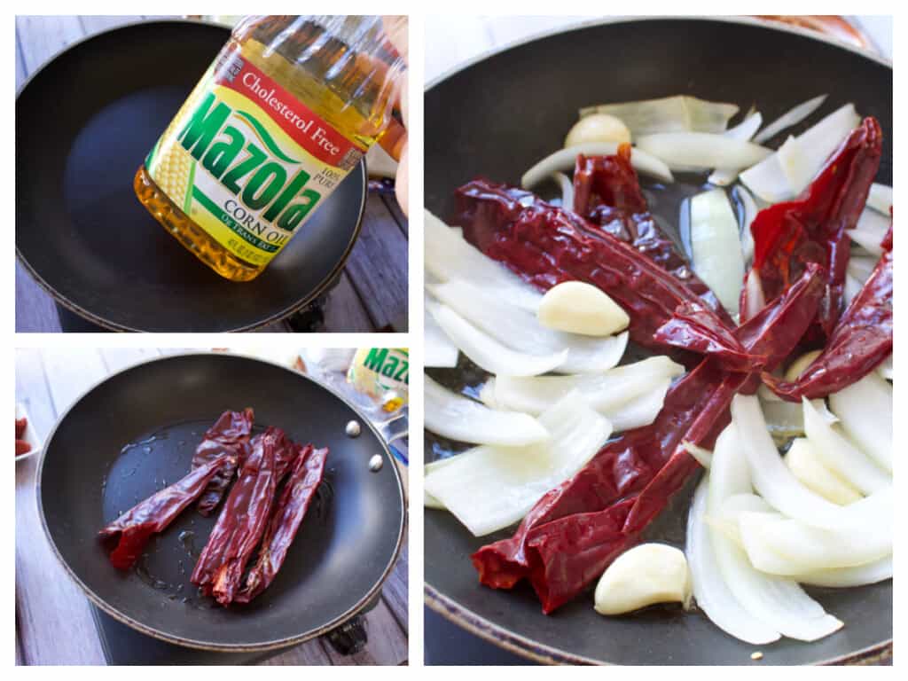 A collage showing how to rehydrate guajillo chiles in a skillet.