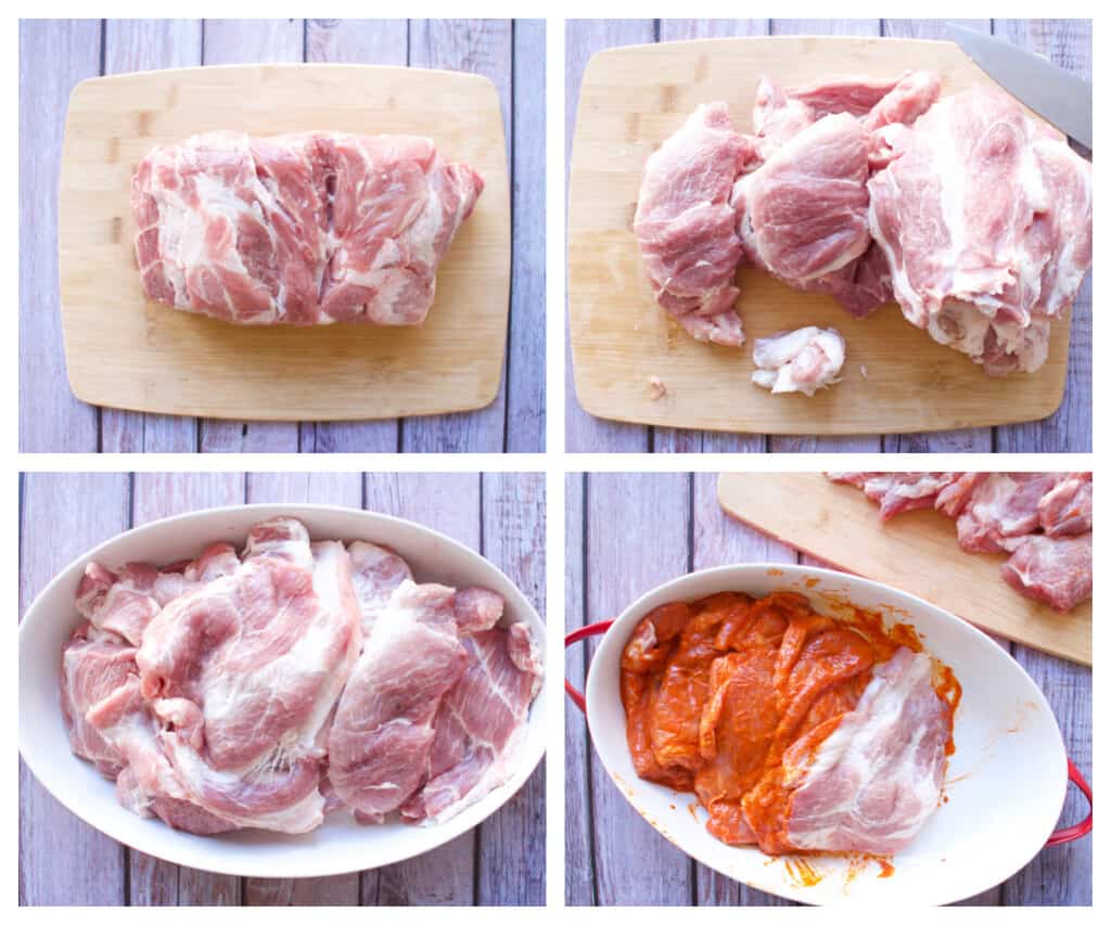 A collage showing how to cut and marinate the pork.