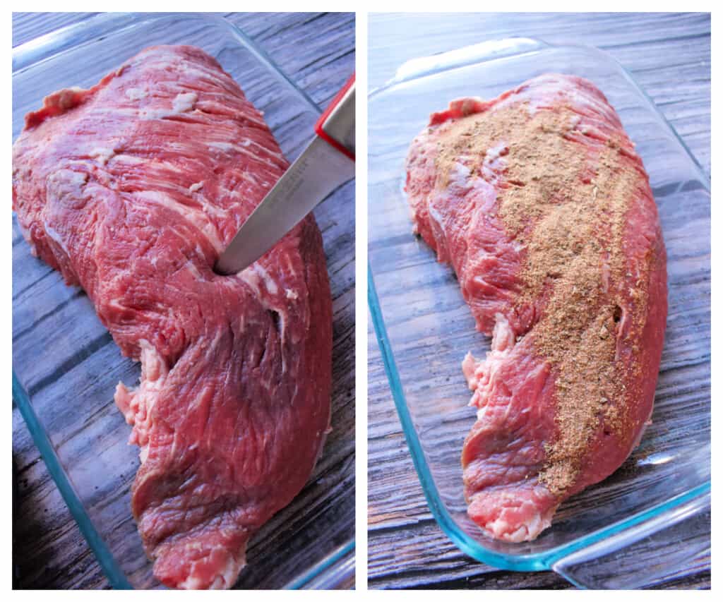 A collage showing how to add the spice rub on a tri-tip
