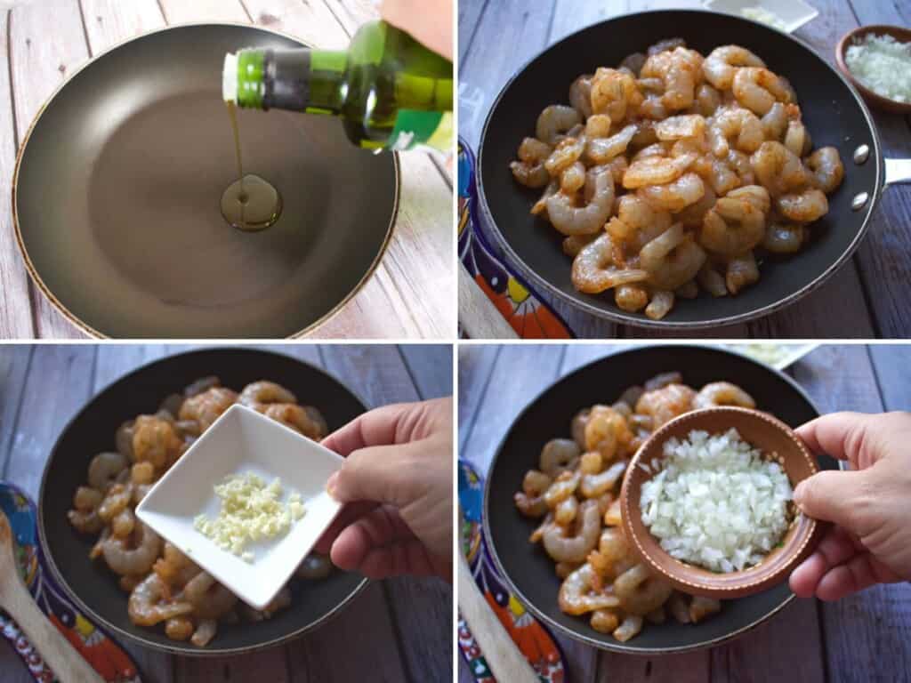 A collage showing how to cook the shrimp in a large skillet.