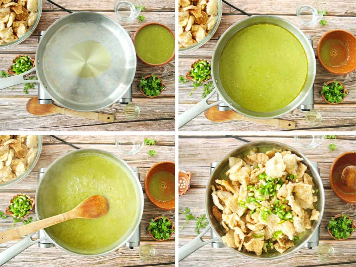 Several pictures combined together showing how to make pork rinds in tomatillo green sauce.