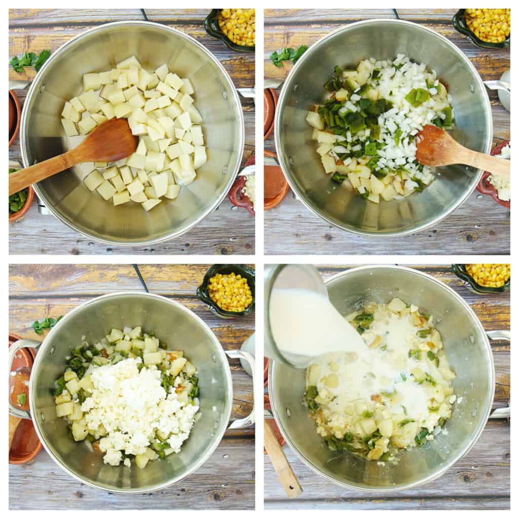 A collage showing how to make caldo de queso in a stock pot.