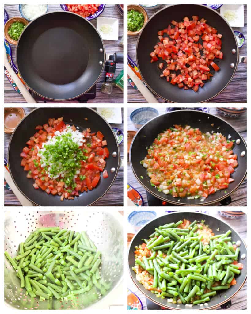 A collage showing how to make Mexican-style green beans.
