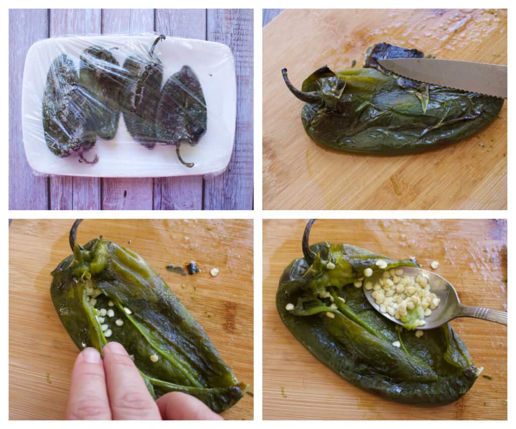 A collage showing how to remove the seeds and veins from a roasted poblano pepper.