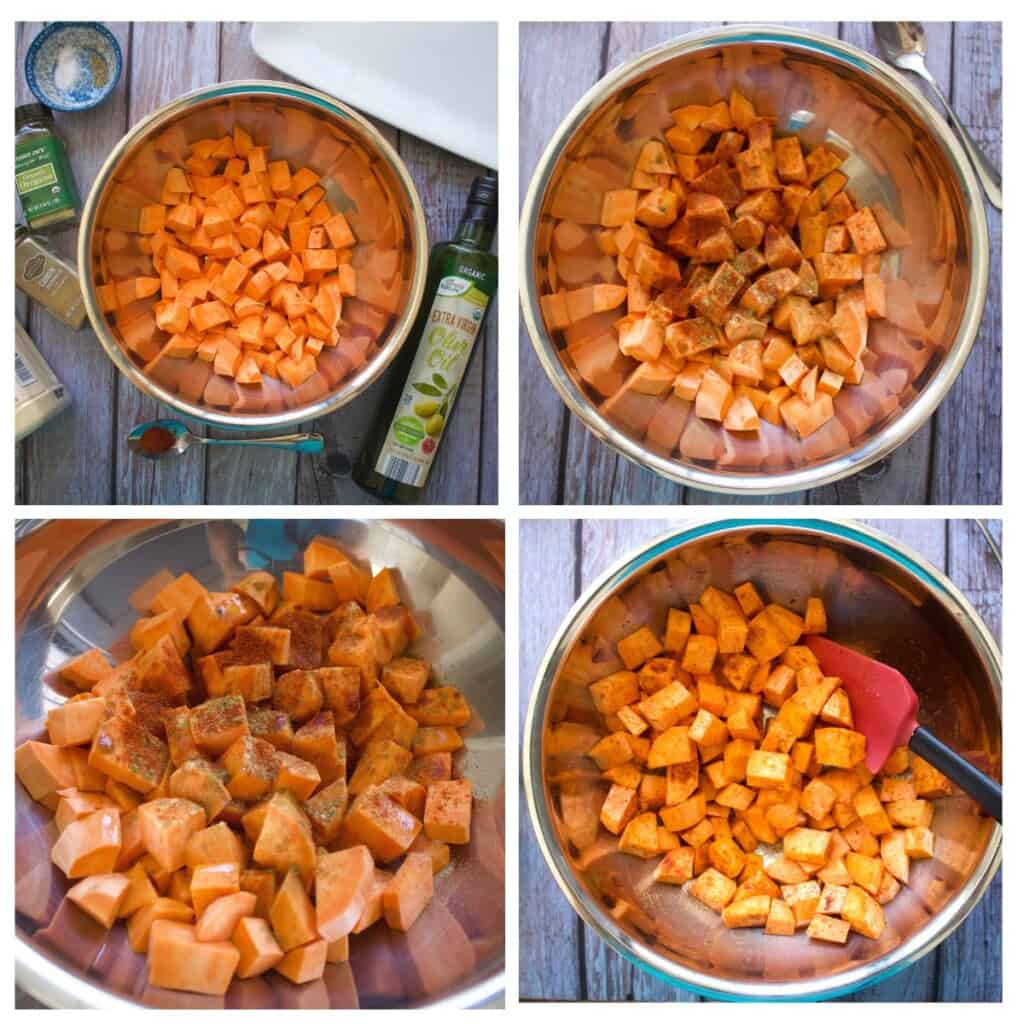 A collage showing how to season sweet potatoes.
