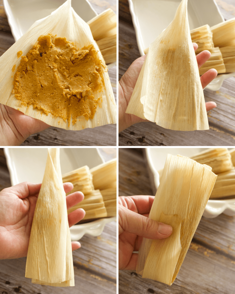 The pumpkin filling added to a corn husk and tamales being assembled.