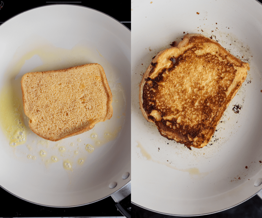 A slice of bread cooking in a skillet.
