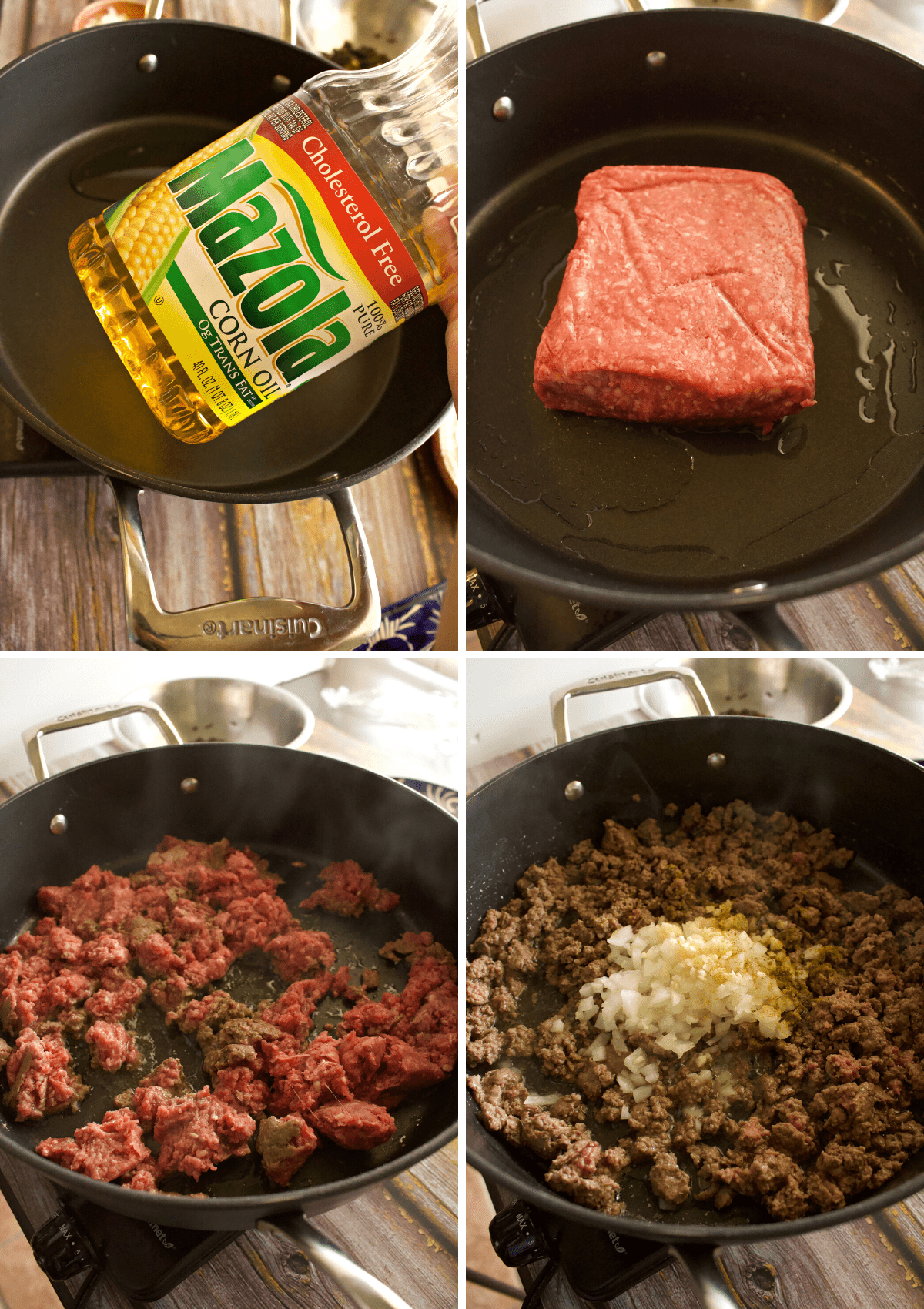 Ground beef cooking in a large nonstick skillet.