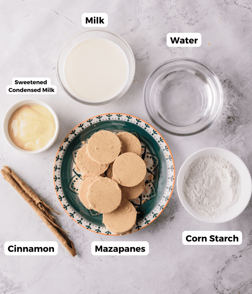 The ingredients needed to make atole de mazapan laid out and labeled.