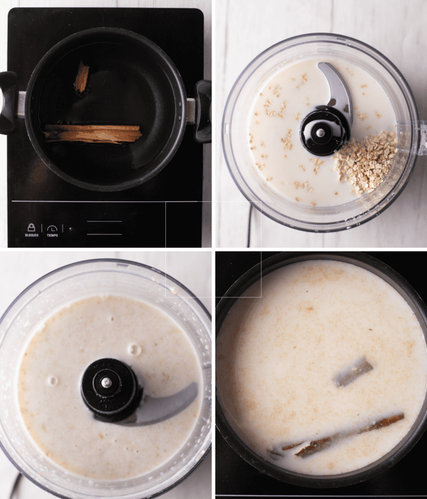 Oatmeal blended in a food processor then cooking in a pot.
