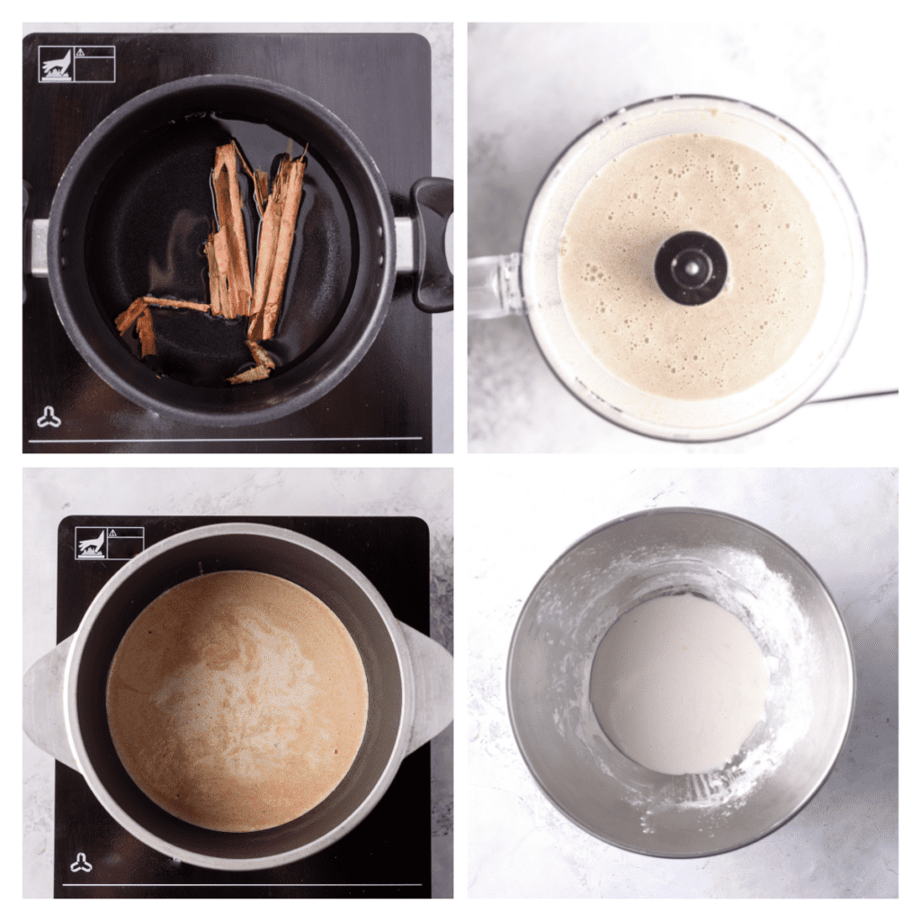 A collage showing the steps to make atole de mazapan.