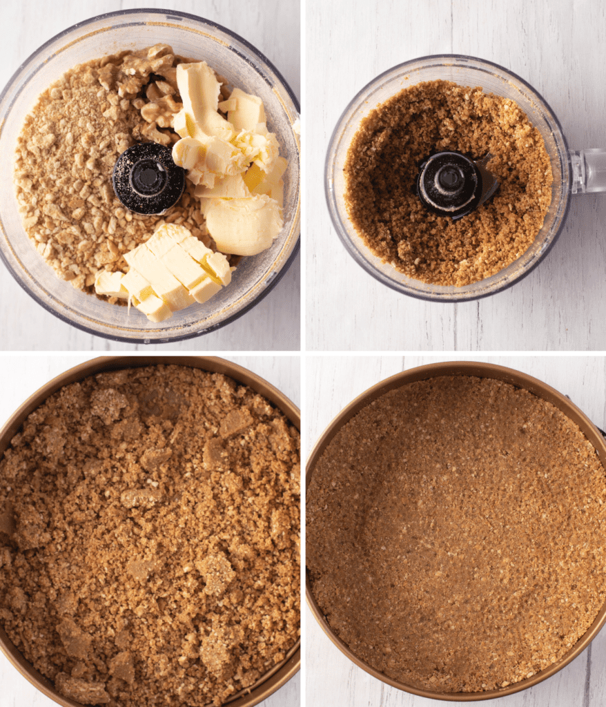 The ingredients needed to make the pie crust in a food processor and in a springform pan.