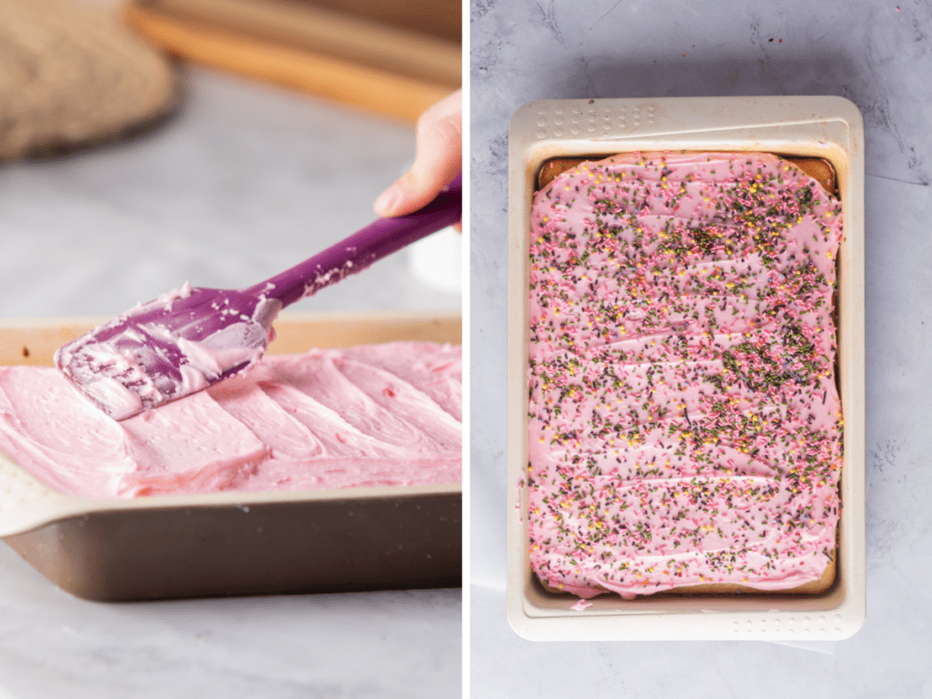 Frosting the cake in the pan and adding candy sprinkles to the Mexican pink cake.