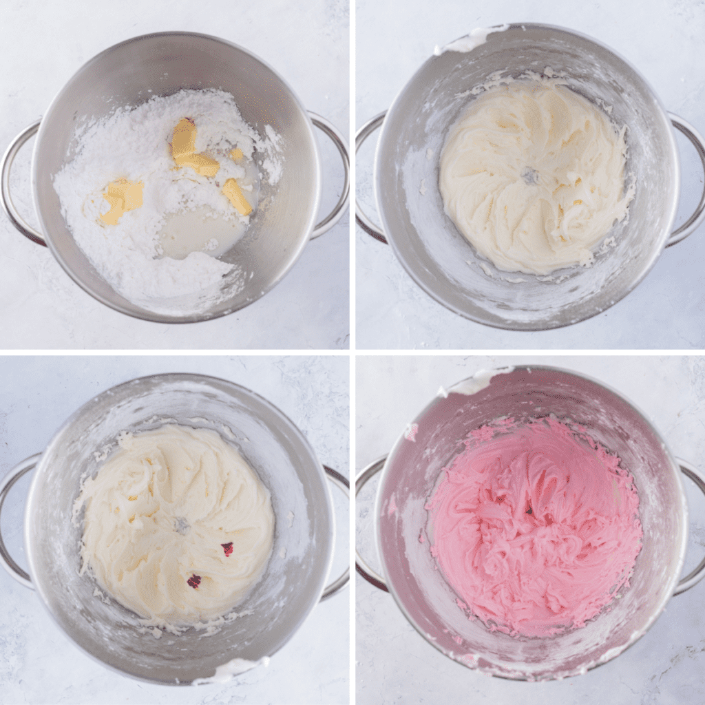 Creaming sugar and adding coloring dye to make pink frosting.
