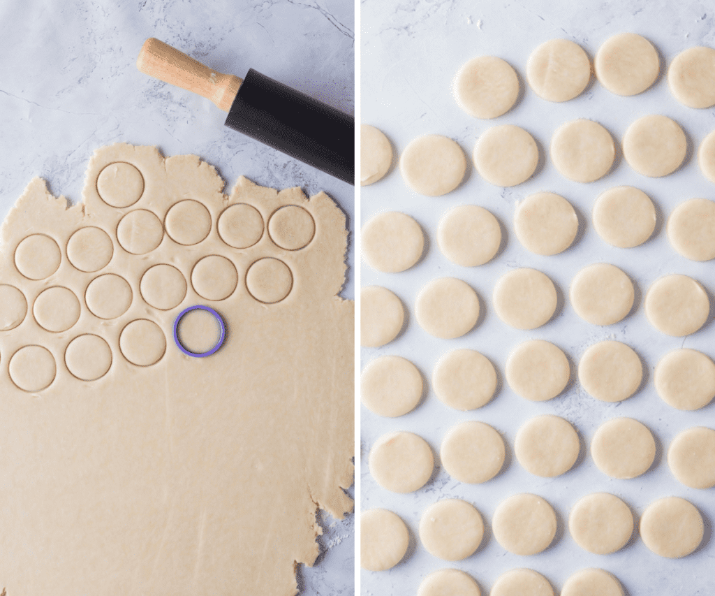 Rolling out with a rolling pin and cutting dough using a circle cutter.