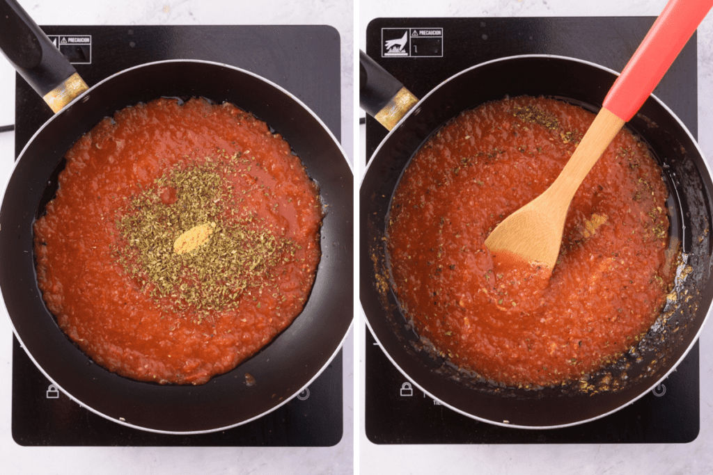 Adding oregano and chicken bouillon to the tomato sauce.