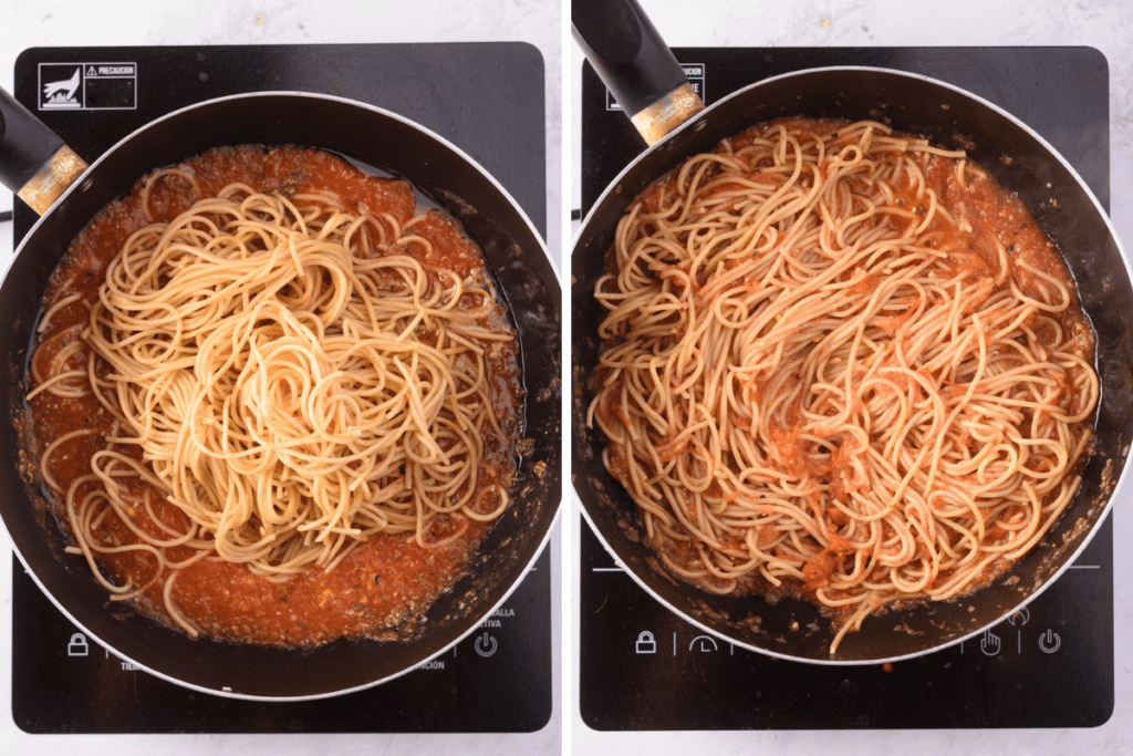 Mixing spaghetti with tomato sauce in a large skillet.