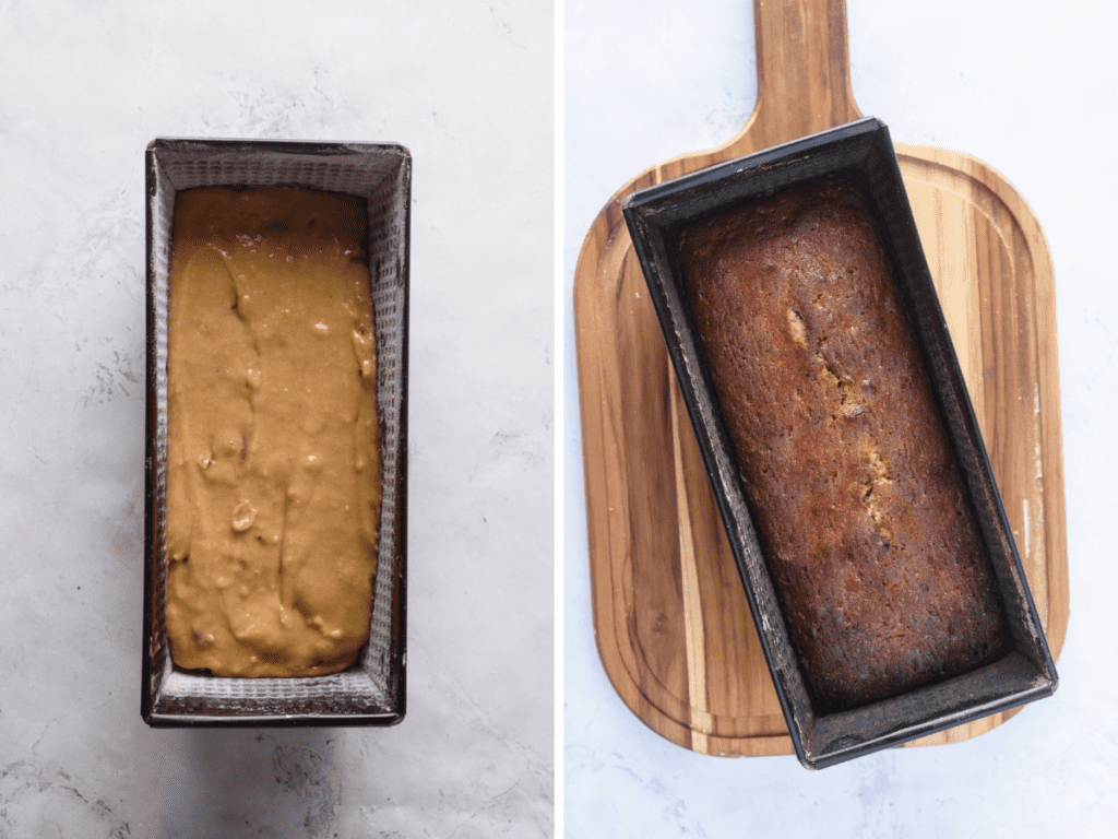 Pecan pound cake freshly baked and still inside the loaf pan.
