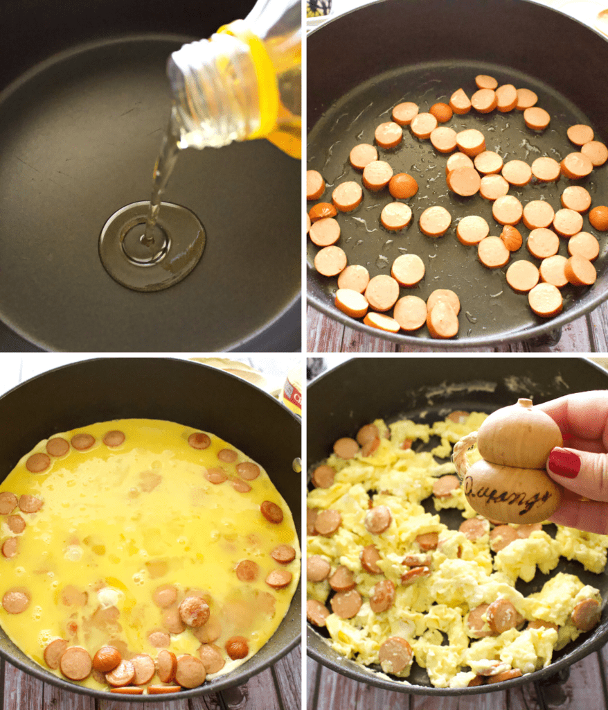 A collage showing how to cook hot dogs and eggs in a skillet.