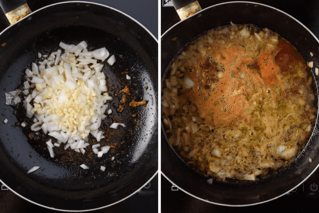 A skillet with white onion, garlic, and. more cooking to make the sauce.