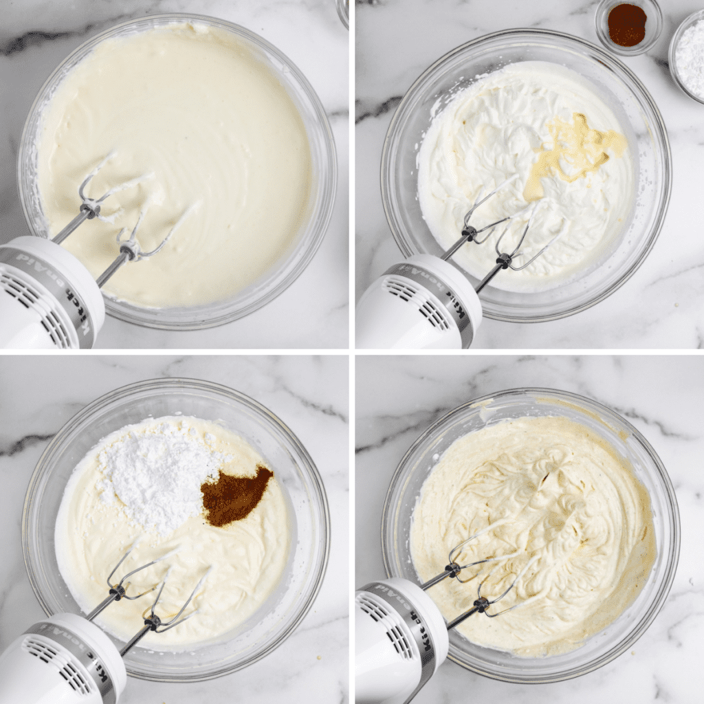 Making the eggnog frosting with a hand mixer.