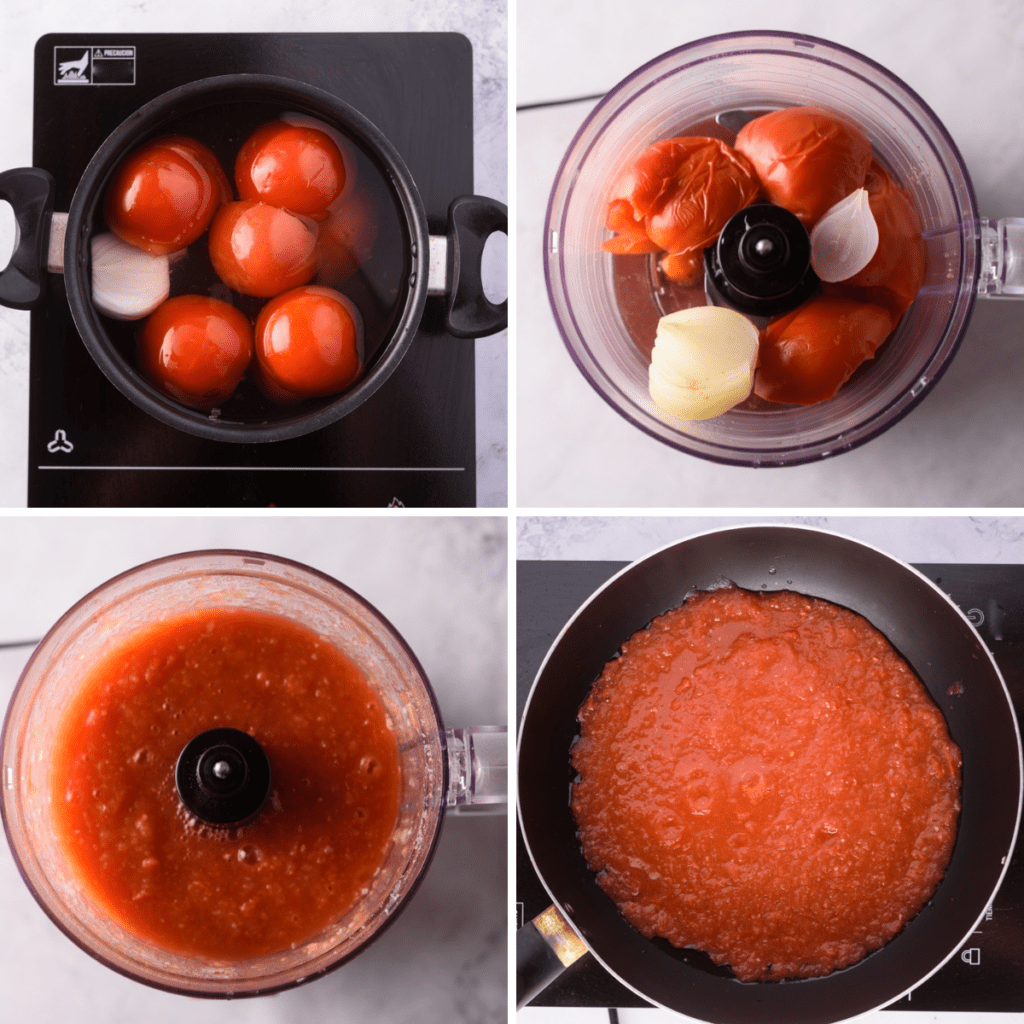 Making the tomato sauce in a pot and in a blender.