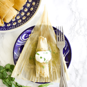 Tamal de Rajas served with Crema Mexicana on top