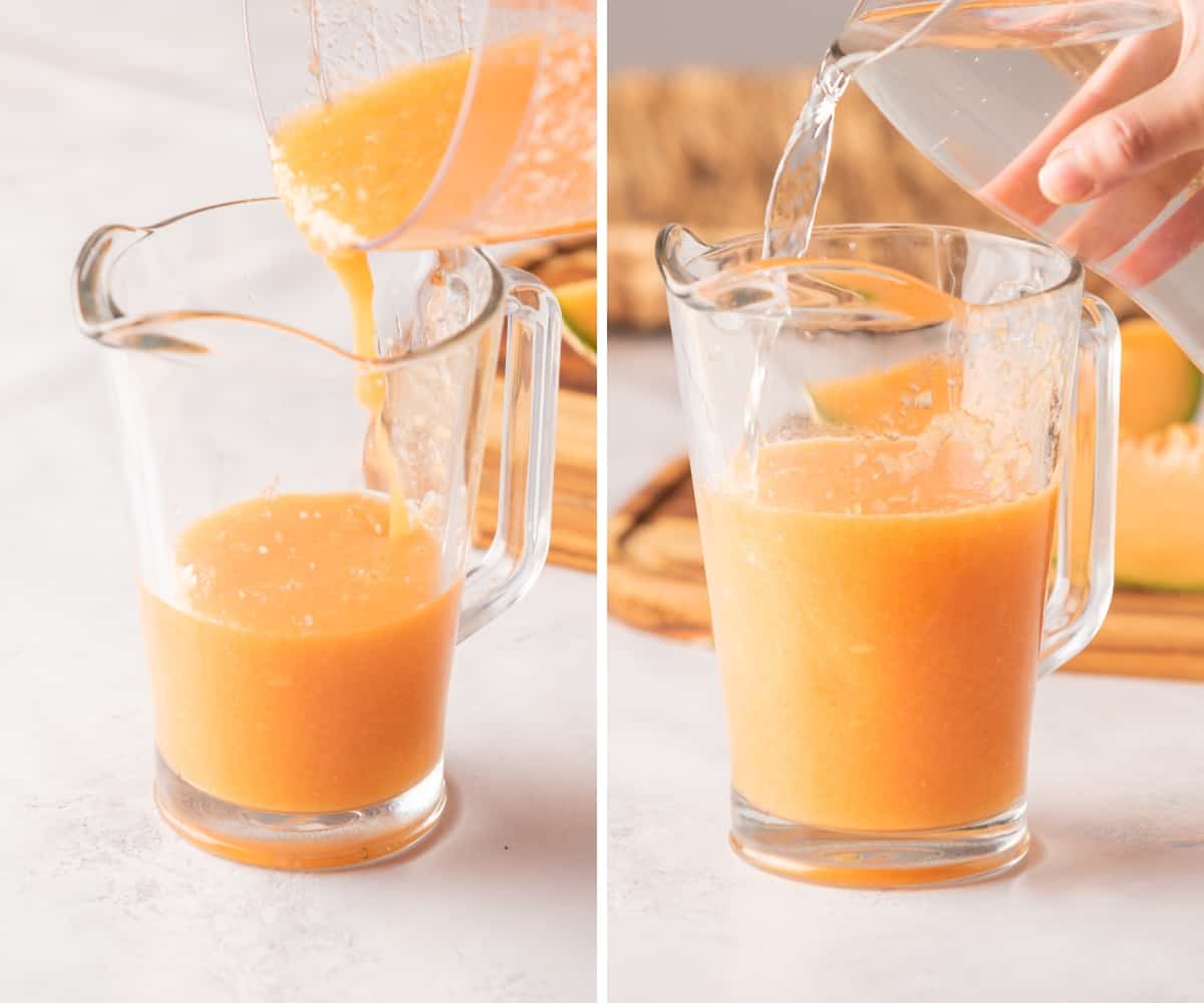 Adding water to a pitcher with cantaloupe juice.