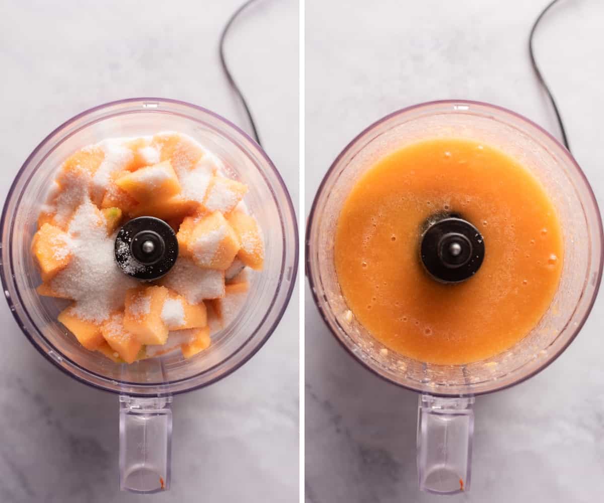 Blending fresh cantaloupe in a food processor.
