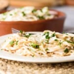 A plate of espagueti blanco topped with fresh parsley.
